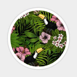 Toucans amd tropical flora, green and pink Magnet